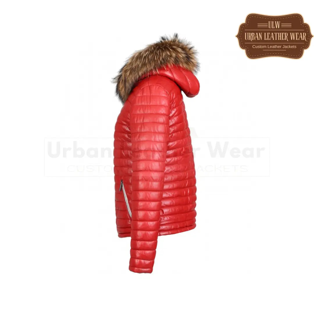 Women Real fur hooded genuine leather jacket (Red)