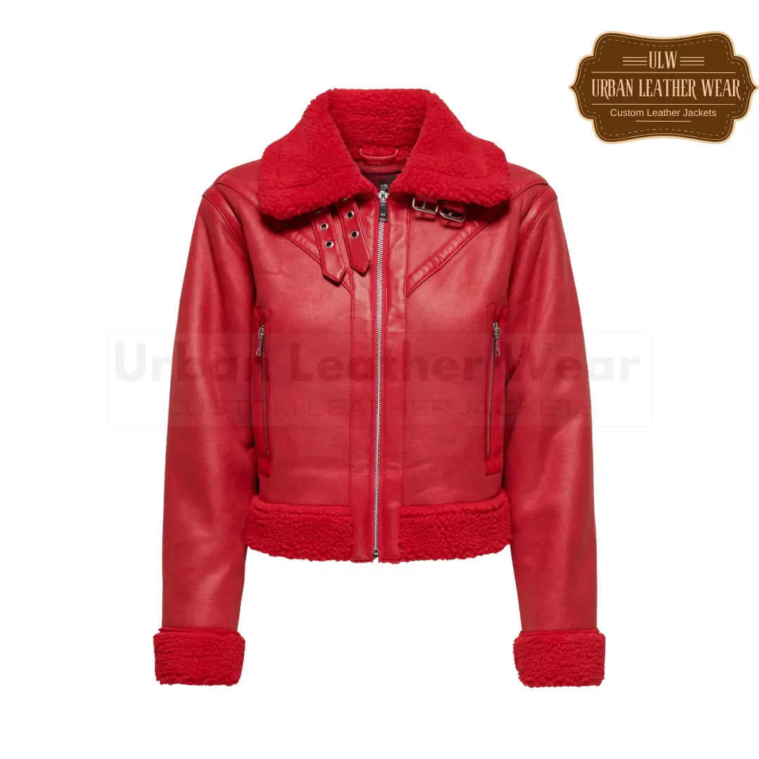 Shop our Women Red Shearling Bomber Jacket.