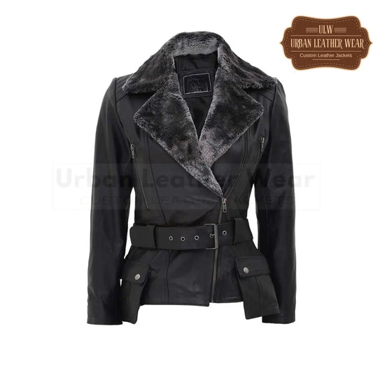 women's shearling belted asymmetrical leather jacket in black 