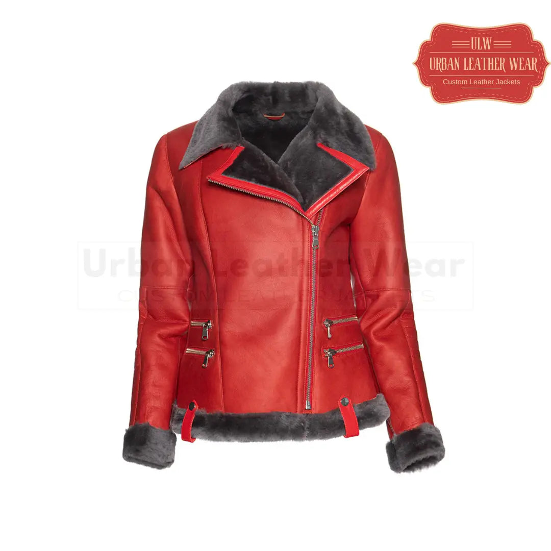 Shop our Women Shearling Red Leather Jacket. Made with high-quality leather and featuring a cozy shearling lining,