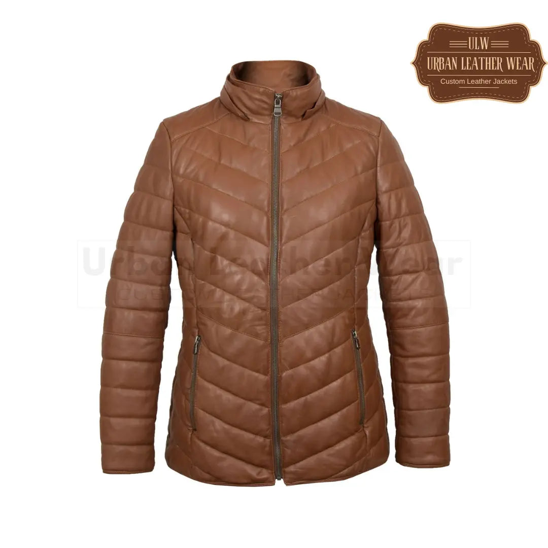 Women cognac leather padded coat

