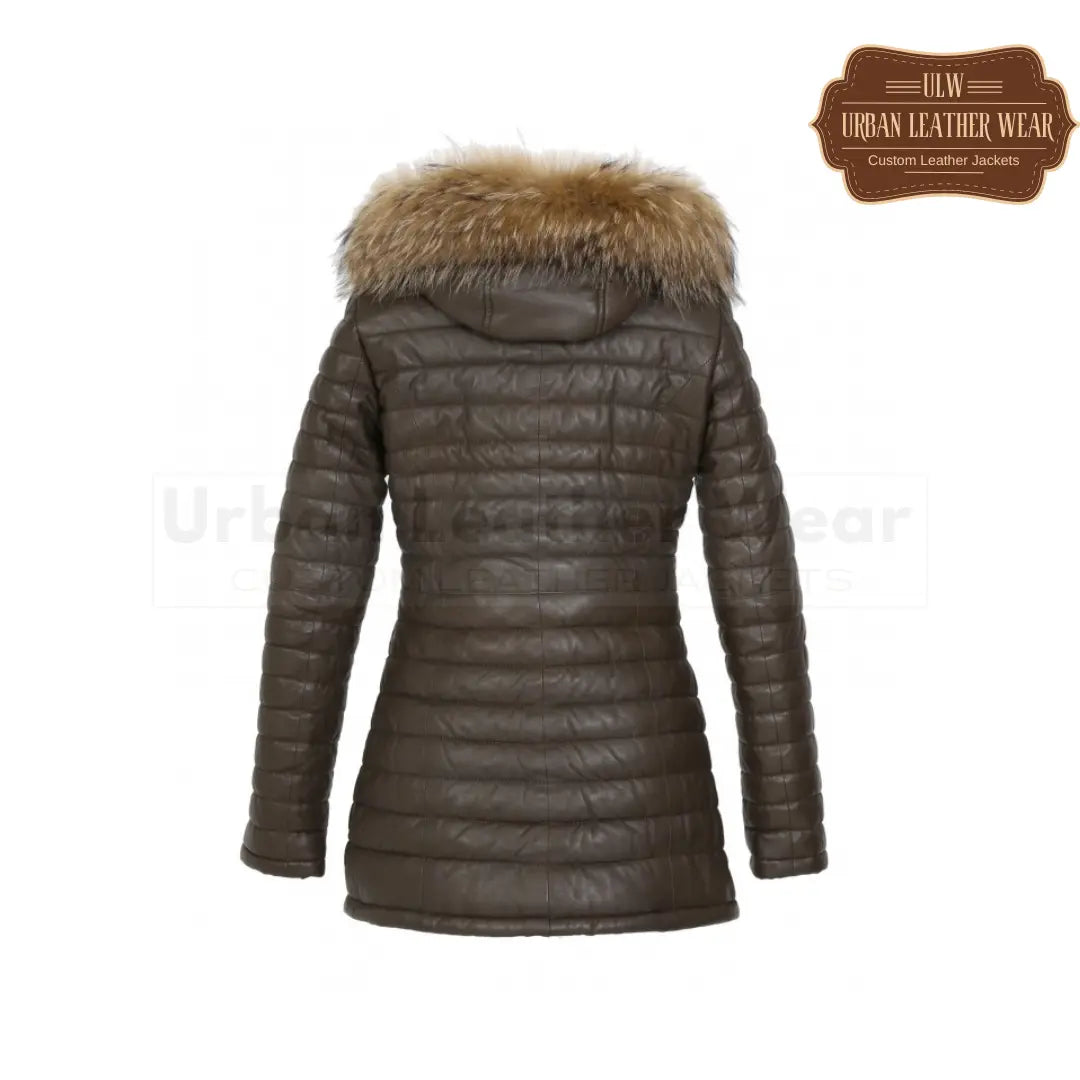 Women genuine leather long down jacket (Brown)
