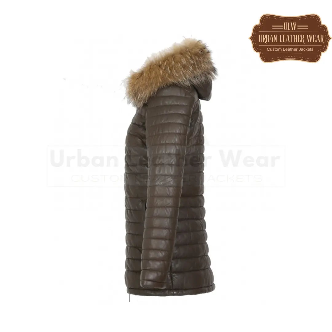 Women genuine leather long down jacket (Brown)
