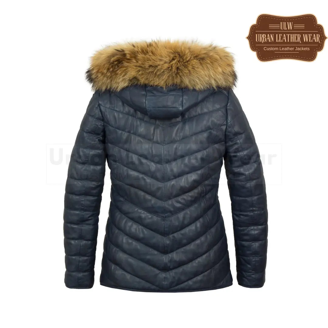 Women navy leather padded coat with hood
