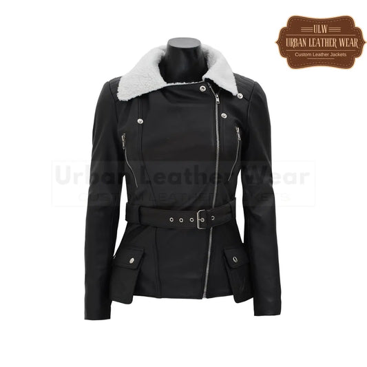 Women's Shearling Leather Asymmetrical Fur Collar Jacket in Black