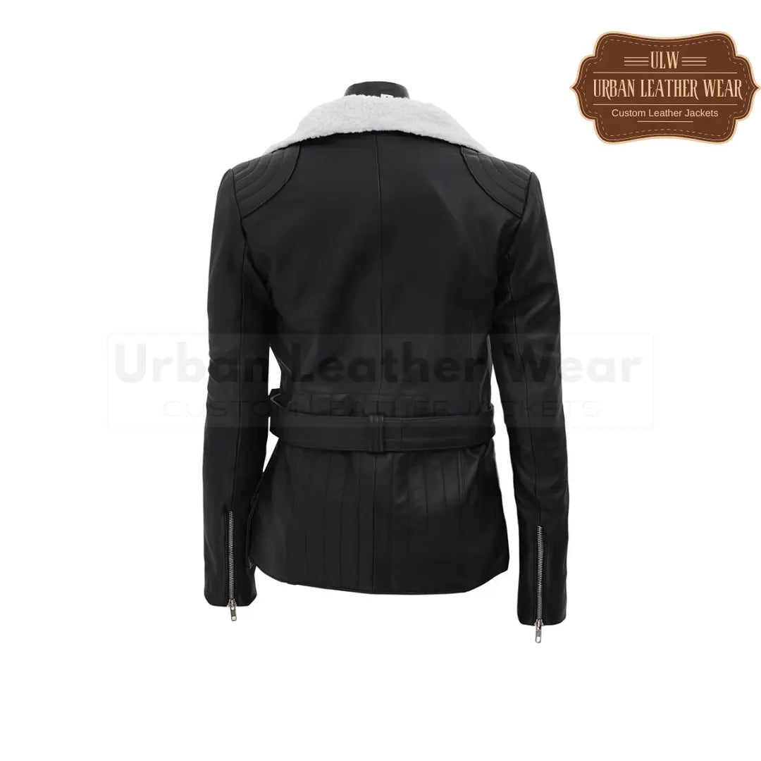 Women's Shearling Leather Asymmetrical Fur Collar Jacket in Black