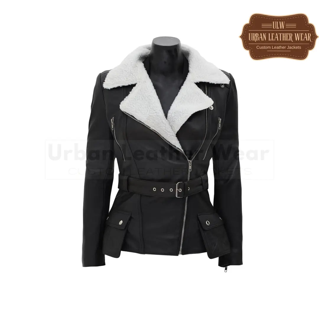 Women's Shearling Leather Asymmetrical Fur Collar Jacket in Black