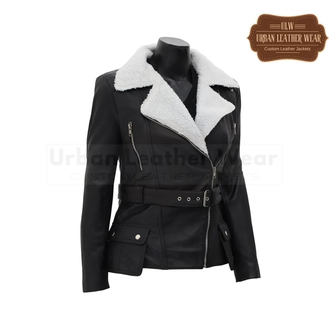 Women's Shearling Leather Asymmetrical Fur Collar Jacket in Black