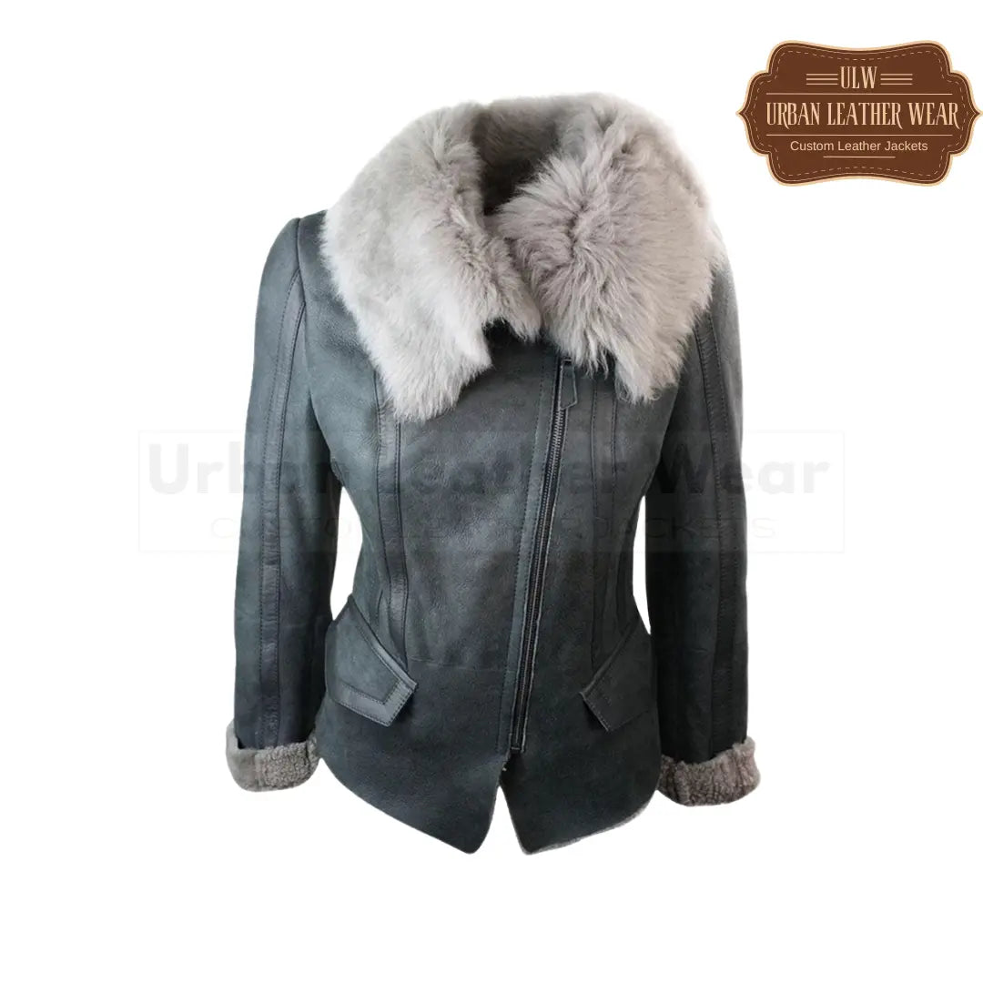 Women shearling aviator flying leather jacket 