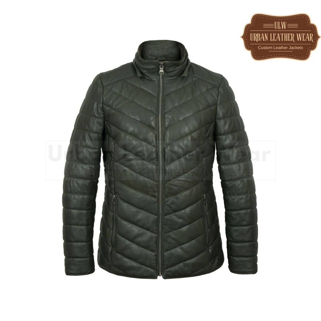 Women's Puffer leather jacket with zipper, featuring a Green color leather jacket.