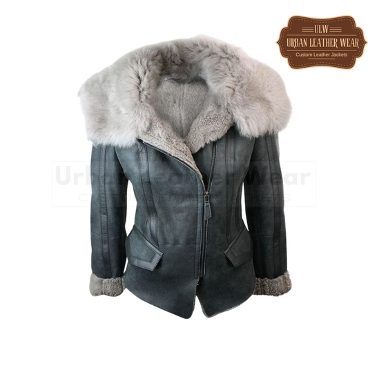 Women shearling aviator flying leather jacket 