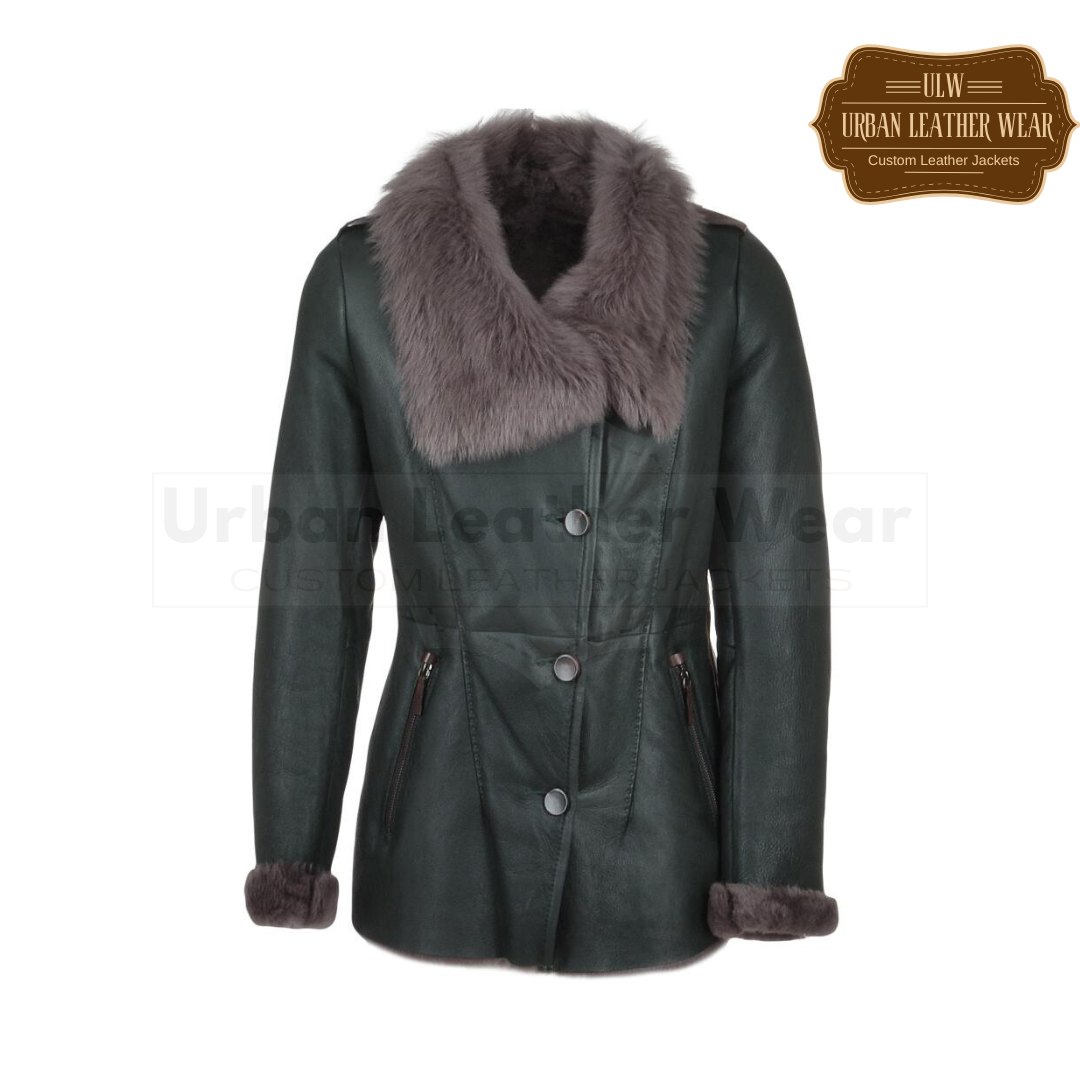 Buy our Women Shearling Leather Green Button Down Jacket.