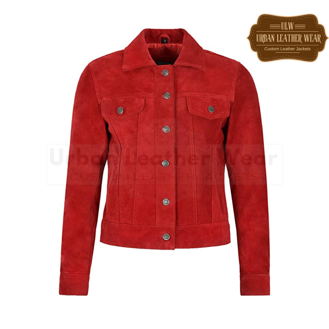 Shop our Women Suede Trucker Real Leather Jacket in a bold red hue.