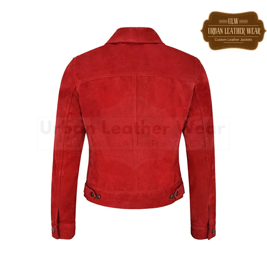 Shop our Women Suede Trucker Real Leather Jacket in a bold red hue.