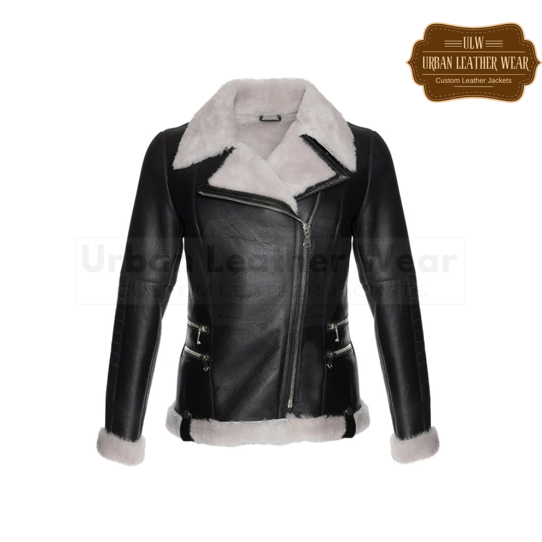 Shop our Women White Fur Shearling Black Leather Jacket. Made with high quality black leather and soft white fur shearling,