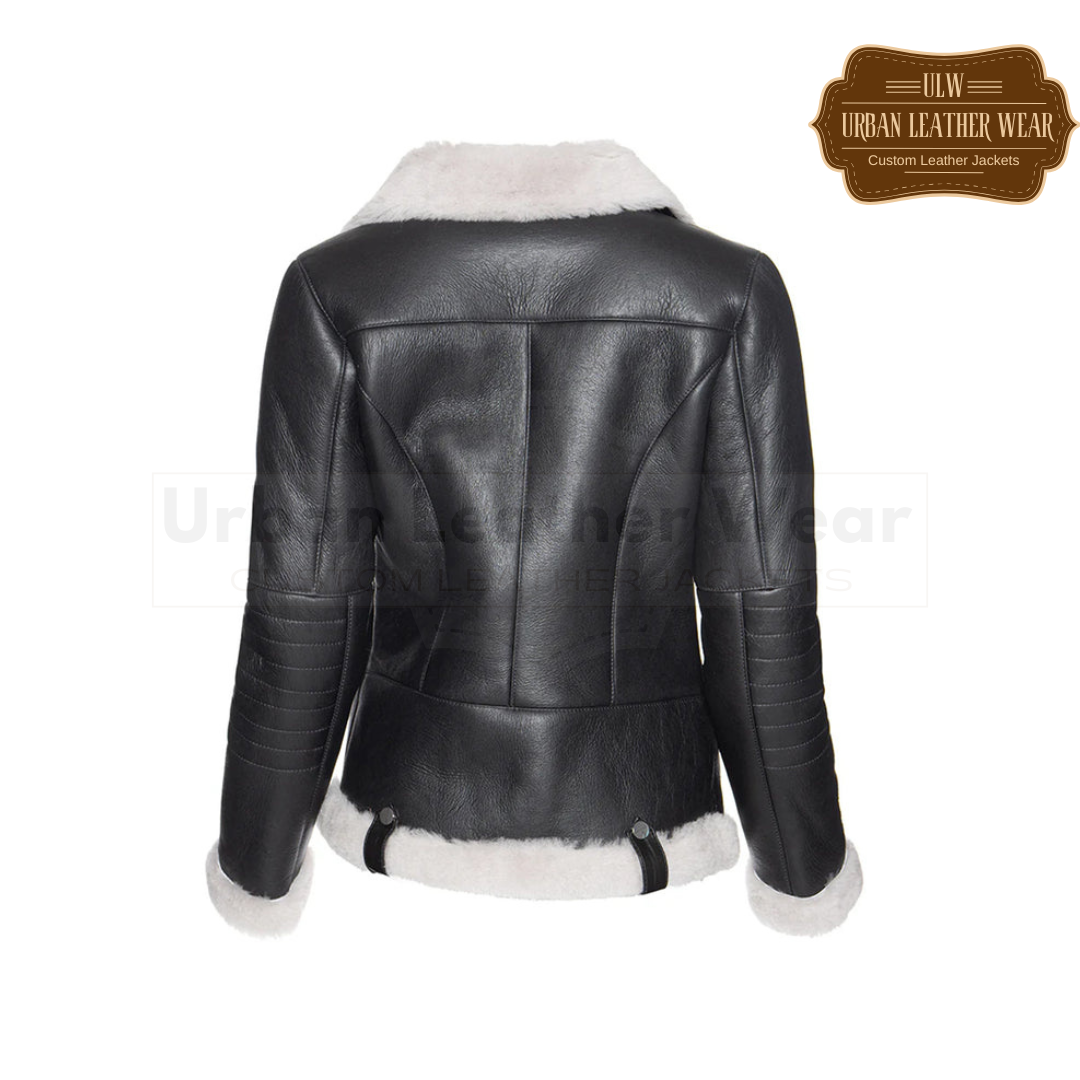 Shop our Women White Fur Shearling Black Leather Jacket. Made with high quality black leather and soft white fur shearling,