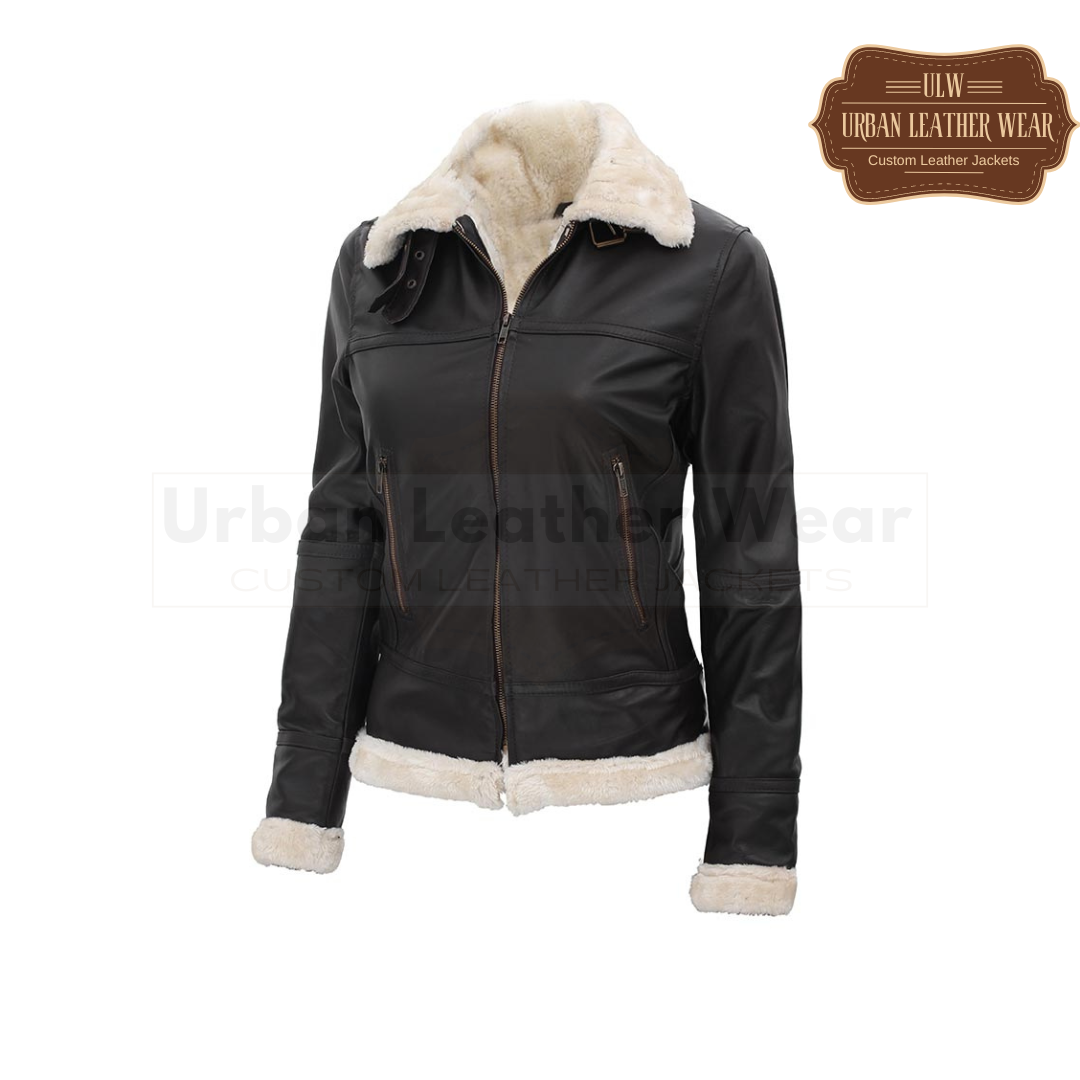 Women Brown Leather B3 Shearling Bomber Leather Jacket