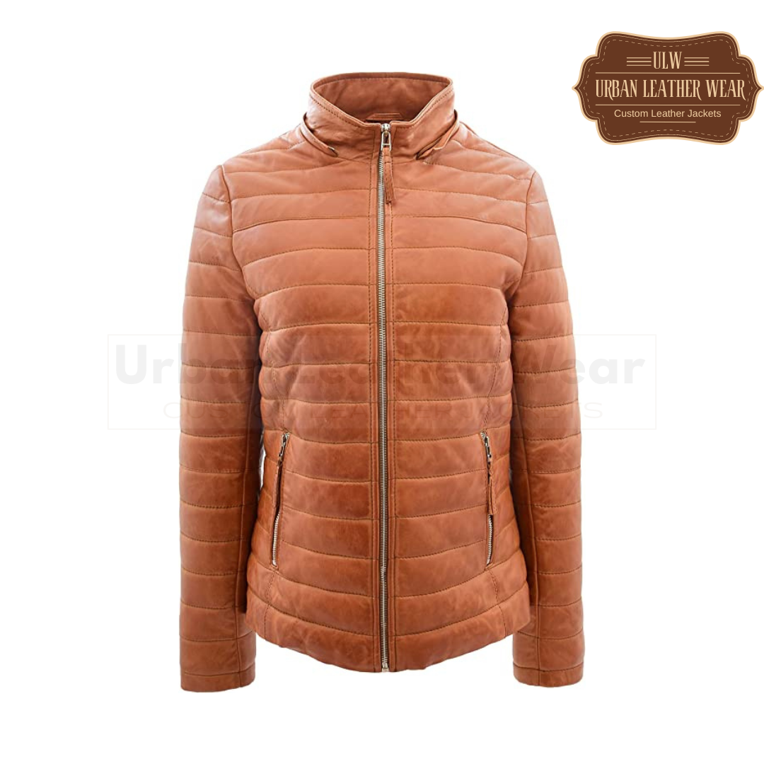 Women Real Leather Puffer Jacket Quilted Removable Hood (brown)
