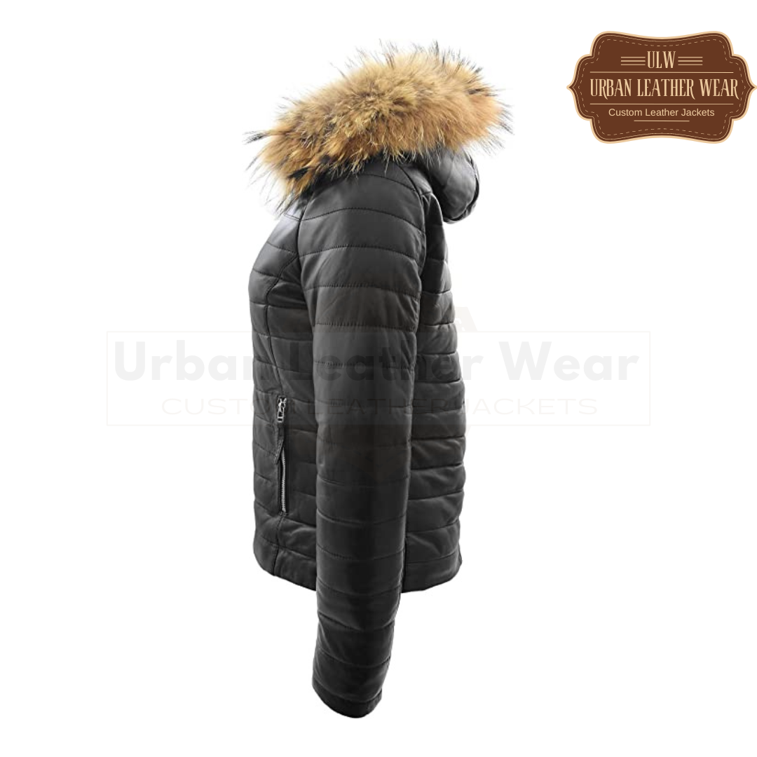 Women Real Leather Puffer Jacket Quilted Removable Hood (Black)
