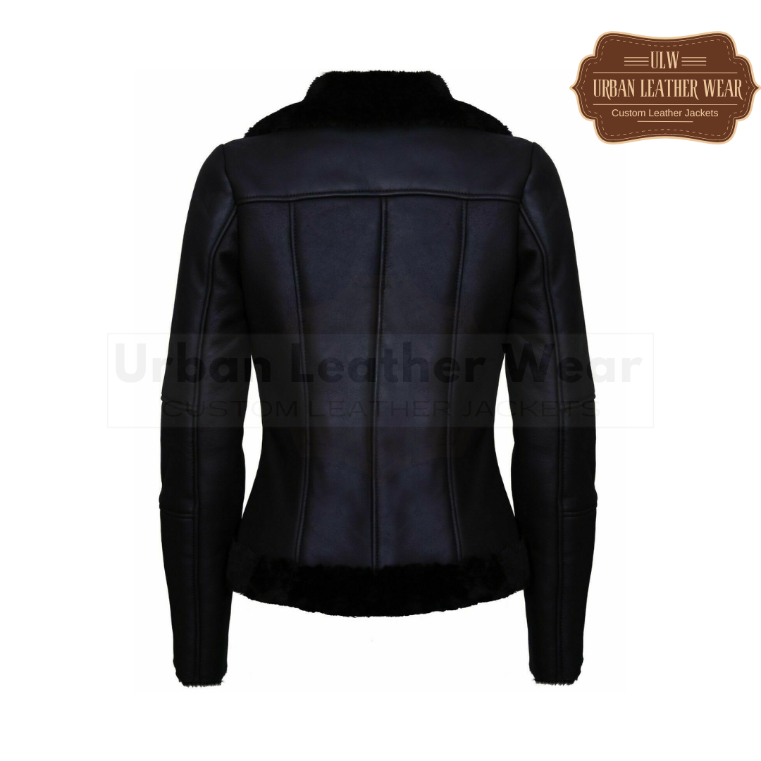 Women Black Shearling Pilot Leather Biker Jacket