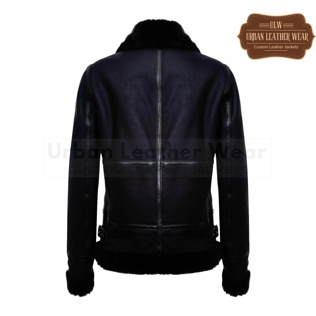 Women Shearling Pilot Leather Biker Jacket (Black)