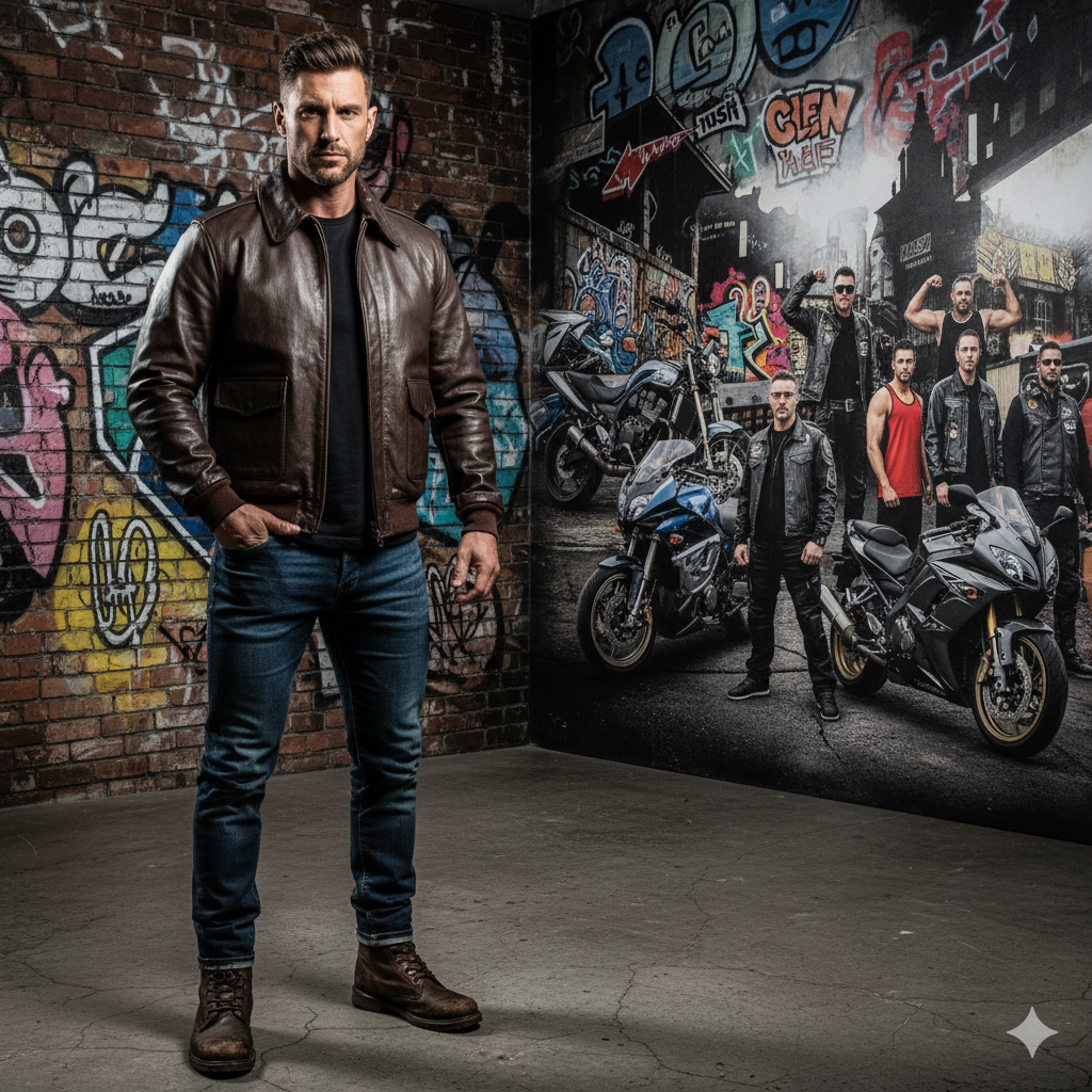 Man in A-2 Flight Jacket – Seal Brown standing in front of a graffiti wall with motorcycles and people in the background.