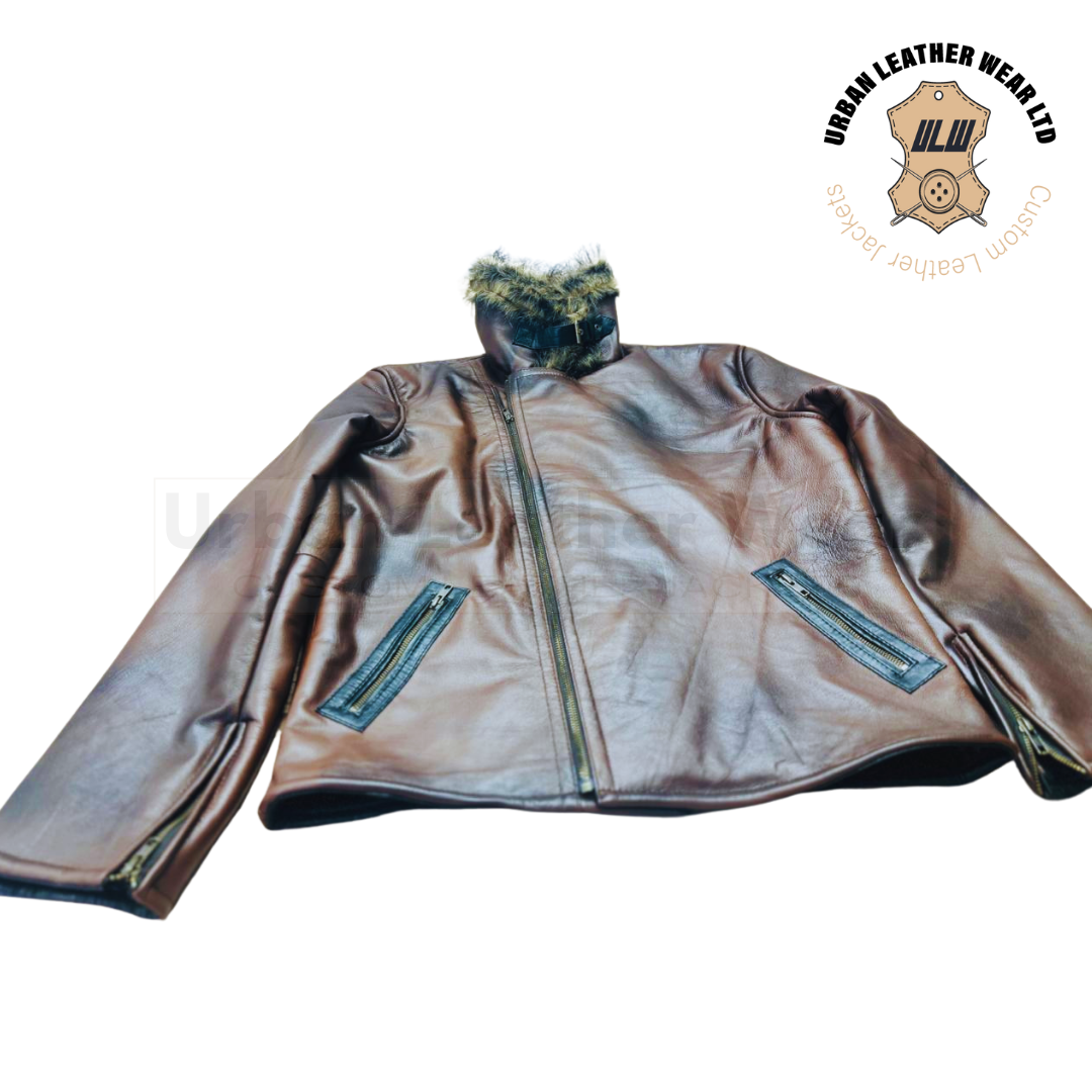 Brown leather jacket with fur collar URBAN LEATHER WEAR LTD