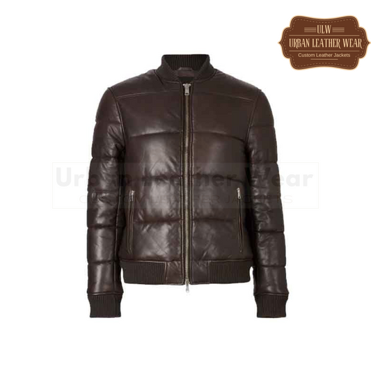 Men Leather Puffer Jacket Chocolate Brown
