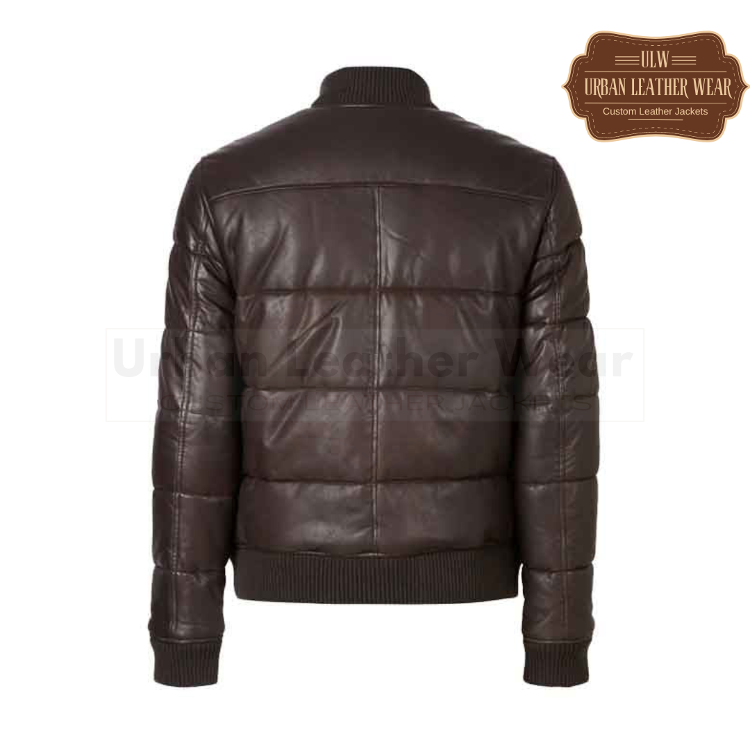 Men Leather Puffer Jacket Chocolate Brown
