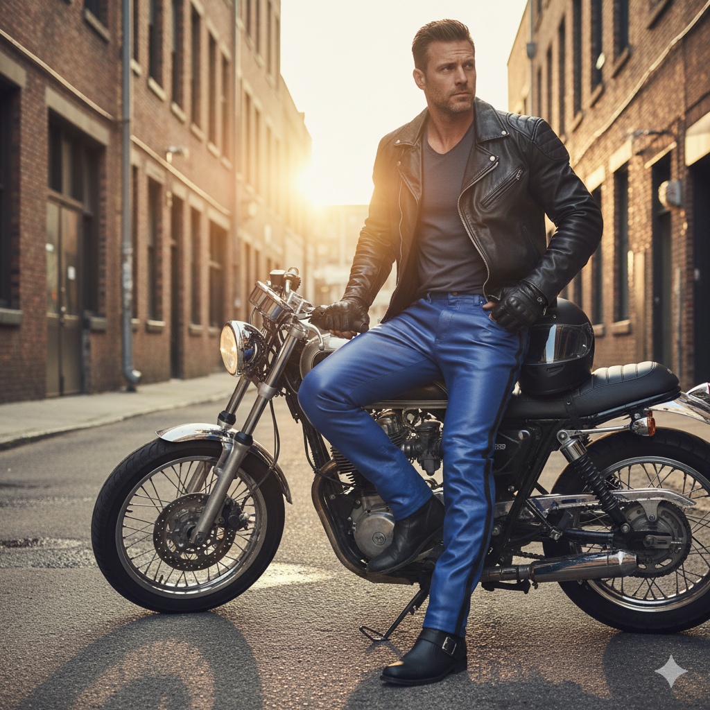 Man in leather jacket and blue jeans sitting on a motorcycle in an urban setting