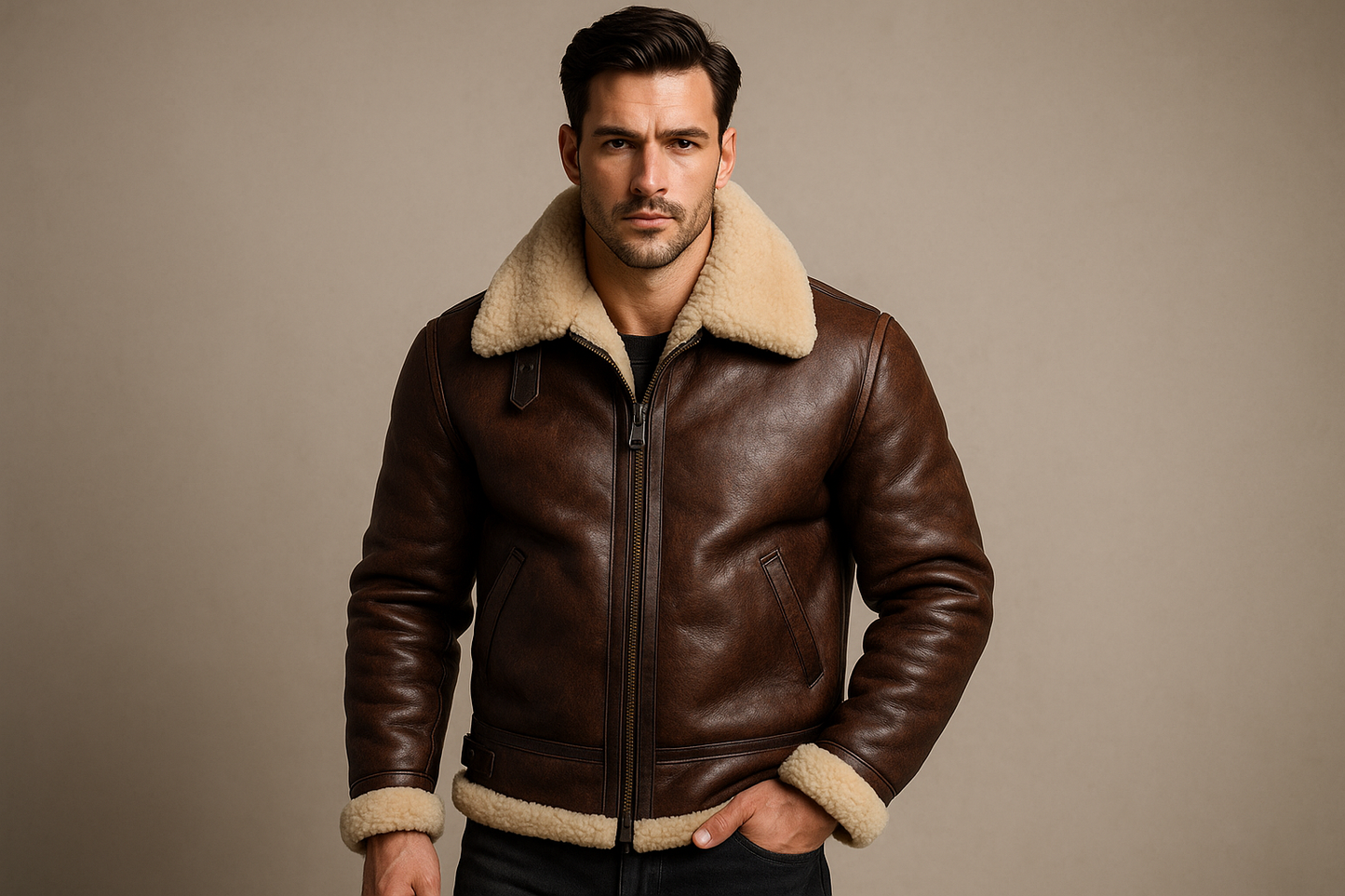 men model wearing Bomber Jacket Aviator Real Shearling B3 Bomber Jacket