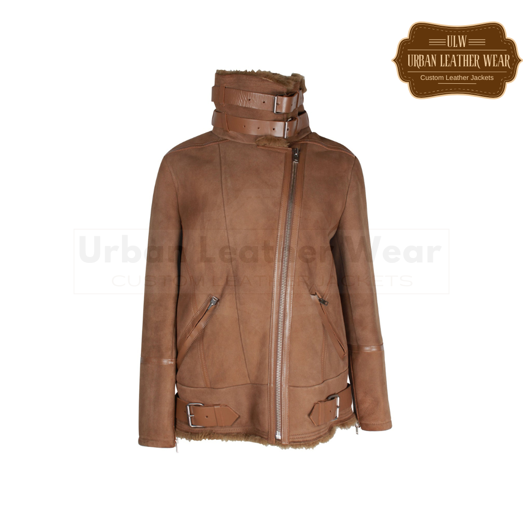 Buy Women shearling jacket brown suede. This cozy women's shearling jacket is made from soft brown suede,