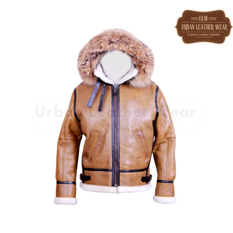 B3 Bomber Hoodie Shearling Aviator Light Brown Leather Jacket | Urban Leather Wear
