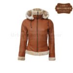 B3 Hooded Bomber Tan Shearling Leather Jacket Women | Urban Leather Wear
