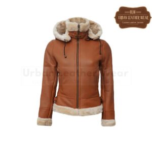 B3 Hooded Bomber Tan Shearling Leather Jacket Women