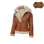 B3 Hooded Bomber Tan Shearling Leather Jacket Women | Urban Leather Wear
