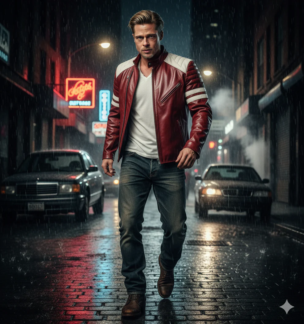 Frontview of Brad Pitt Fight Club red leather jacket
