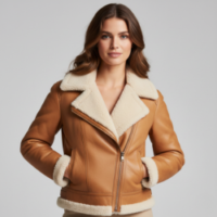 Front view of brown shearling jacket Front view of brown shearling jacket