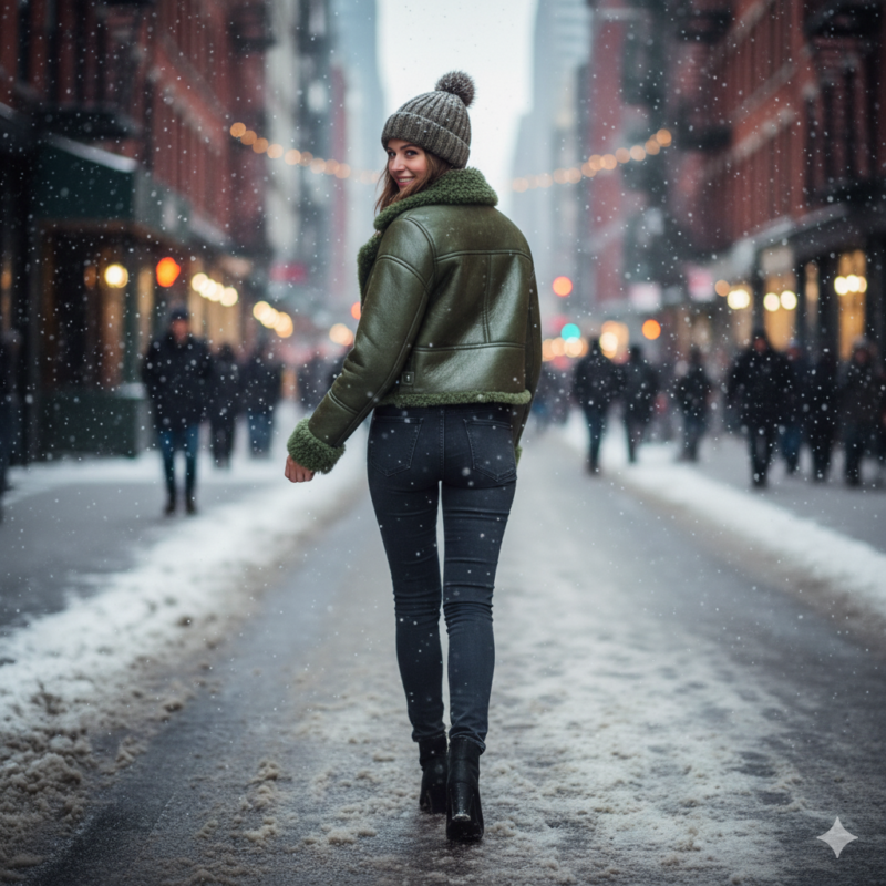 Olive Green Shearling Cropped Bomber Jacket Women | Urban Leather Wear