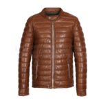 Genuine leather down jacket with press buttoned mandarin collar | Urban Leather Wear