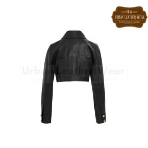 Gold Button Detail Short Black Leather Trucker Jacket | Urban Leather Wear
