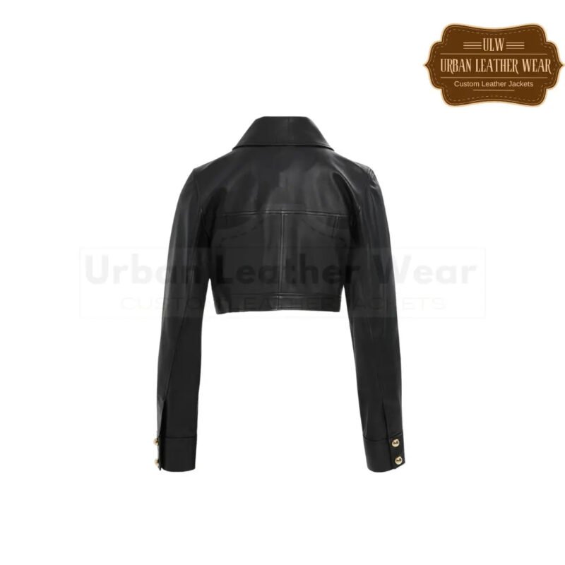 Gold Button Detail Short Black Leather Trucker Jacket | Urban Leather Wear