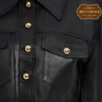 Gold Button Detail Short Black Leather Trucker Jacket | Urban Leather Wear