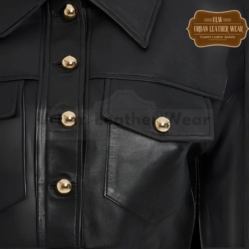 Gold Button Detail Short Black Leather Trucker Jacket | Urban Leather Wear