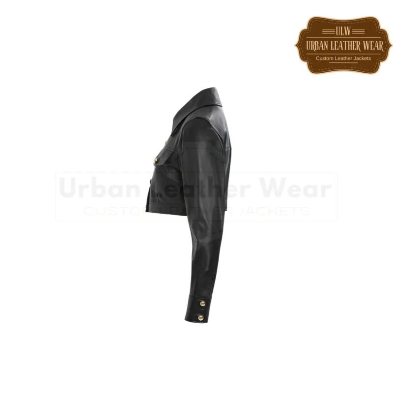 Gold Button Detail Short Black Leather Trucker Jacket | Urban Leather Wear