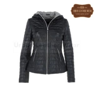 Ladies Hooded Quilted Real Leather jacket