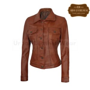 Ladies Leather Trucker Jacket Western style cognac