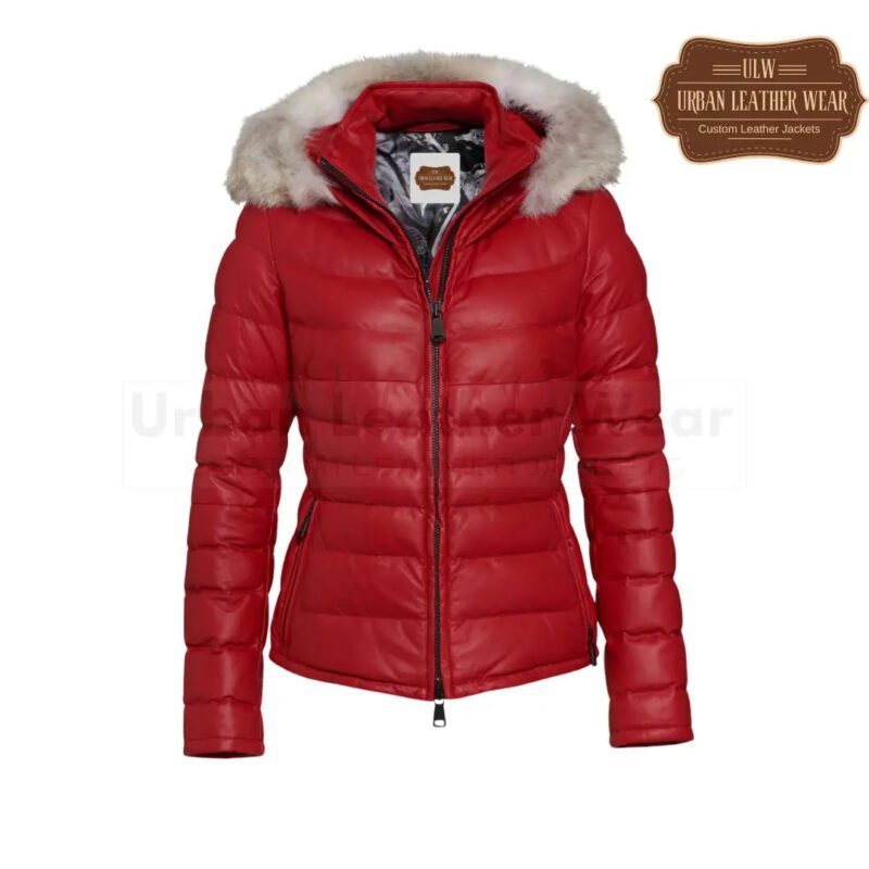 Ladies leather puffer down jacket (red) | Urban Leather Wear