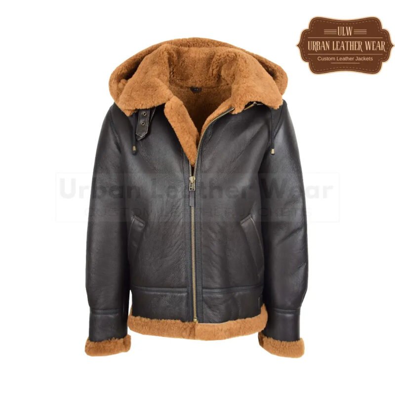 Men B3 Shearling Leather Jacket Detachable Hoodie (Brown) | Urban Leather Wear