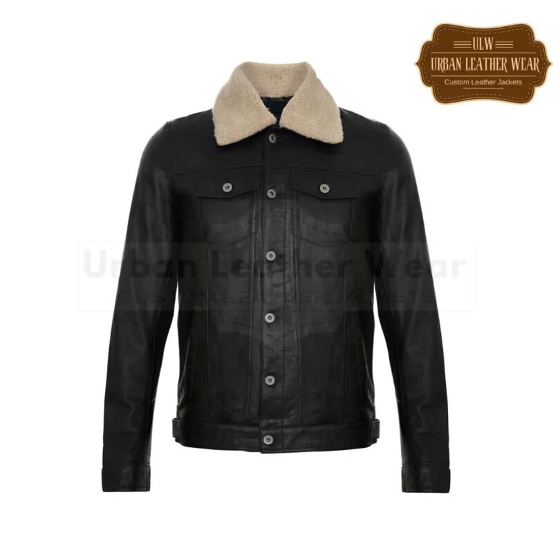 Men Black Leather Trucker Jacket Removable Shearling  Collar | Urban Leather Wear